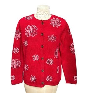 Vintage Eagle’s Eye Shetland Wool Knit Cardigan Snowflakes Christmas Red XL‎